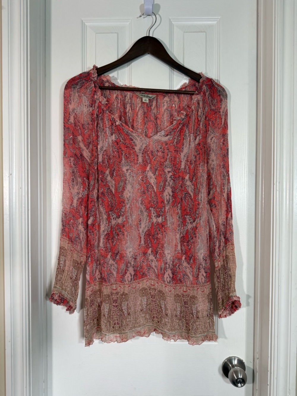 Lucky Brand Paisley Print Sheer Ruffle Neck Blouse Size 1X